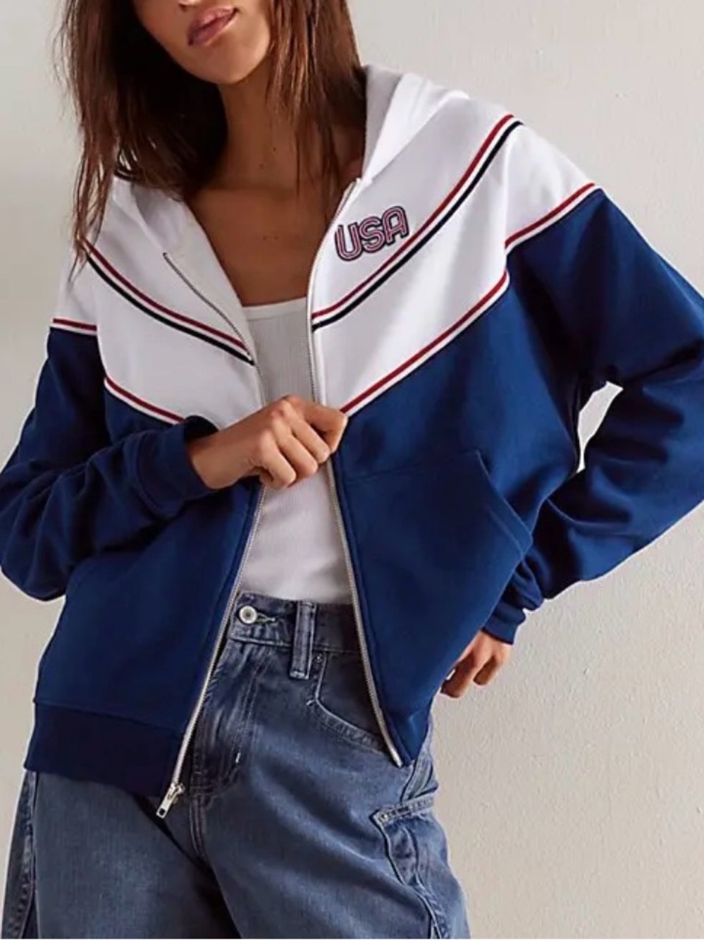 USA Color-block Jacket Navy White American Track Zip Hoodie free people
